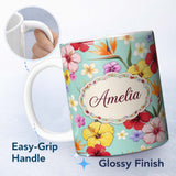 Personalized Custom Name Tropical Hibiscus Bird of Paradise Floral Seamless Pattern Teal 11oz Ceramic Coffee Tea Mug White Large Handle