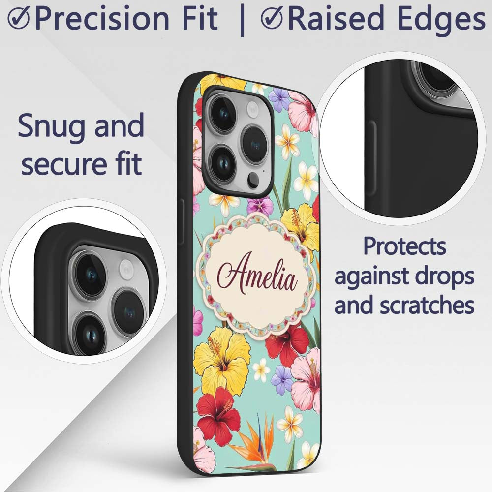 Tropical Hibiscus Bird of Paradise Printed Design Custom Name Protective Phone Case Mobile Cover Durable Everyday Smartphone Shock Resistant