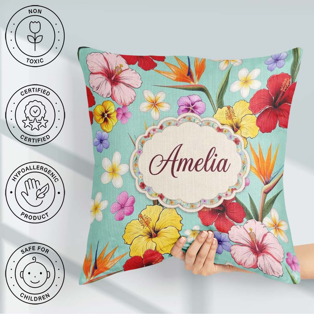 Custom Name Tropical Hibiscus Bird Paradise Floral Seamless Teal Square Filled Cushion Throw Pillow Sofa Bed Home Decor Zip Washable UK Made