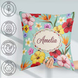 Custom Name Tropical Hibiscus Bird Paradise Floral Seamless Teal Square Filled Cushion Throw Pillow Sofa Bed Home Decor Zip Washable UK Made
