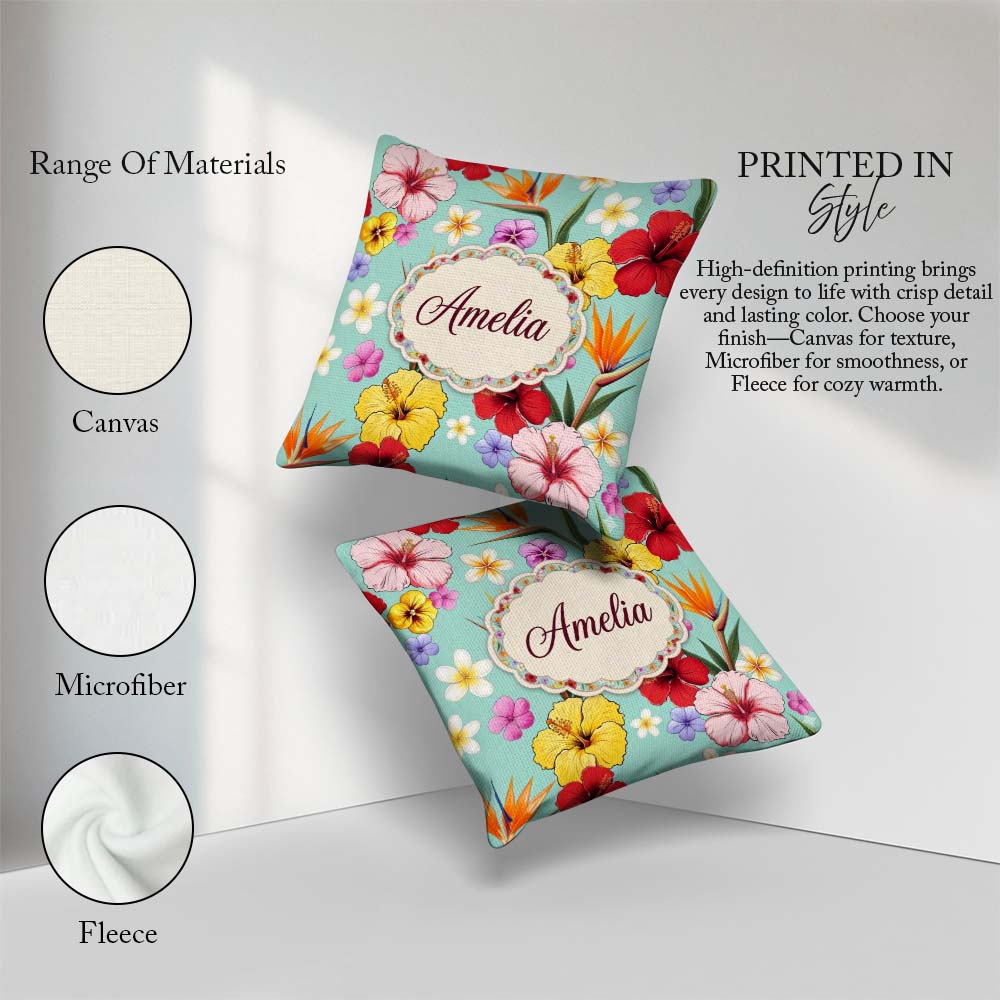 Custom Name Tropical Hibiscus Bird Paradise Floral Seamless Teal Square Filled Cushion Throw Pillow Sofa Bed Home Decor Zip Washable UK Made
