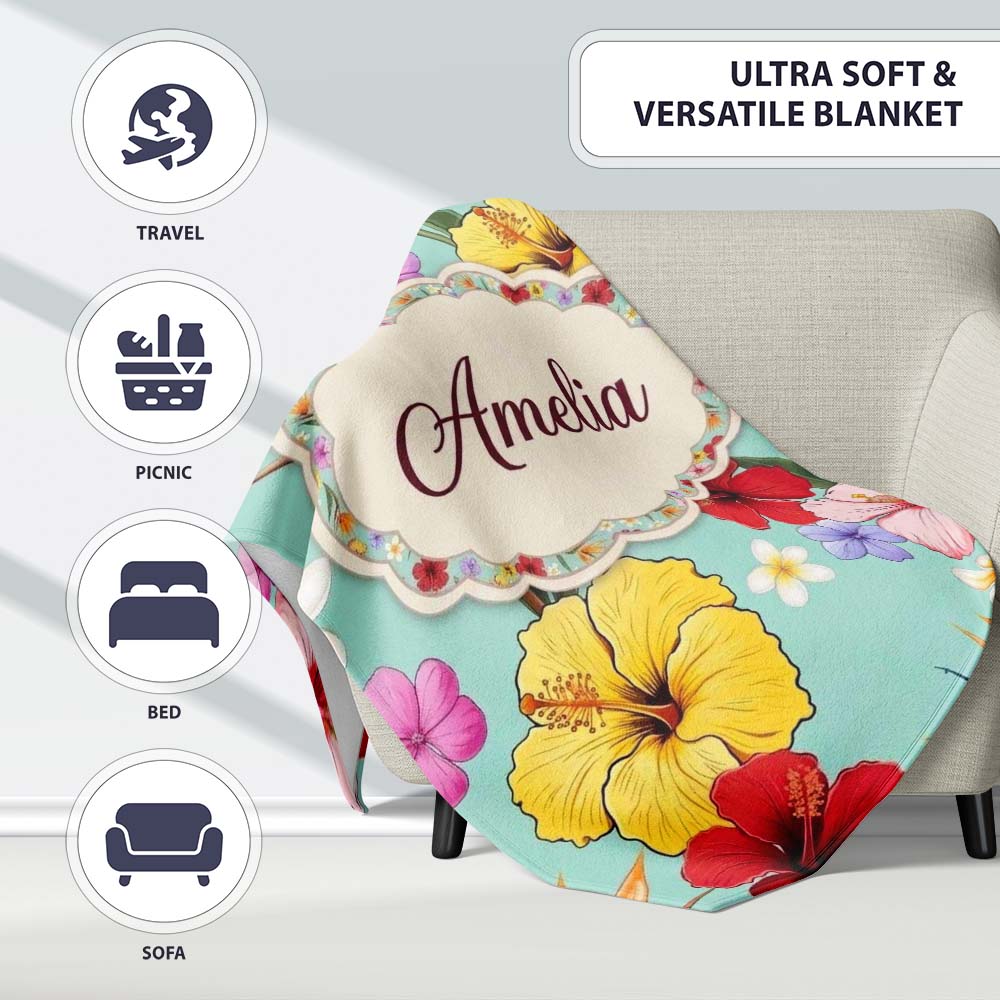 Tropical Hibiscus Bird of Paradise Floral Seamless Pattern Teal  Personalised Custom Name Super Soft Fleece Blanket Bed Sofa Throw