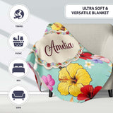 Tropical Hibiscus Bird of Paradise Floral Seamless Pattern Teal  Personalised Custom Name Super Soft Fleece Blanket Bed Sofa Throw