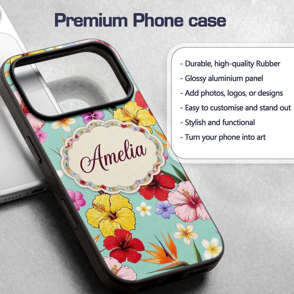 Tropical Hibiscus Bird of Paradise Printed Design Custom Name Protective Phone Case Mobile Cover Durable Everyday Smartphone Shock Resistant