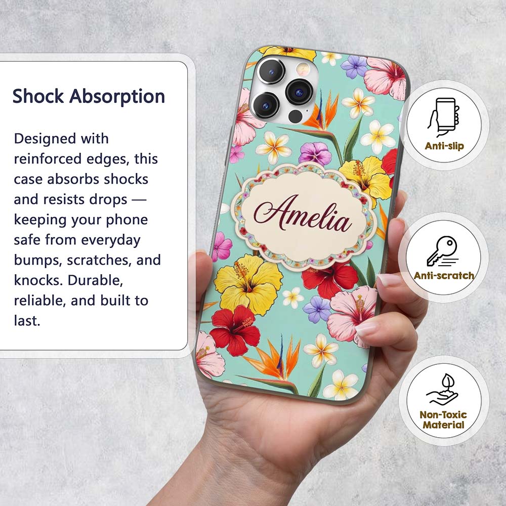 Tropical Hibiscus Bird of Paradise Printed Design Custom Name Protective Phone Case Mobile Cover Durable Everyday Smartphone Shock Resistant