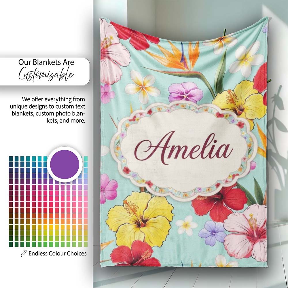 Tropical Hibiscus Bird of Paradise Floral Seamless Pattern Teal  Personalised Custom Name Super Soft Fleece Blanket Bed Sofa Throw