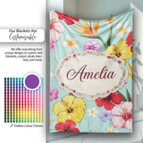 Tropical Hibiscus Bird of Paradise Floral Seamless Pattern Teal  Personalised Custom Name Super Soft Fleece Blanket Bed Sofa Throw