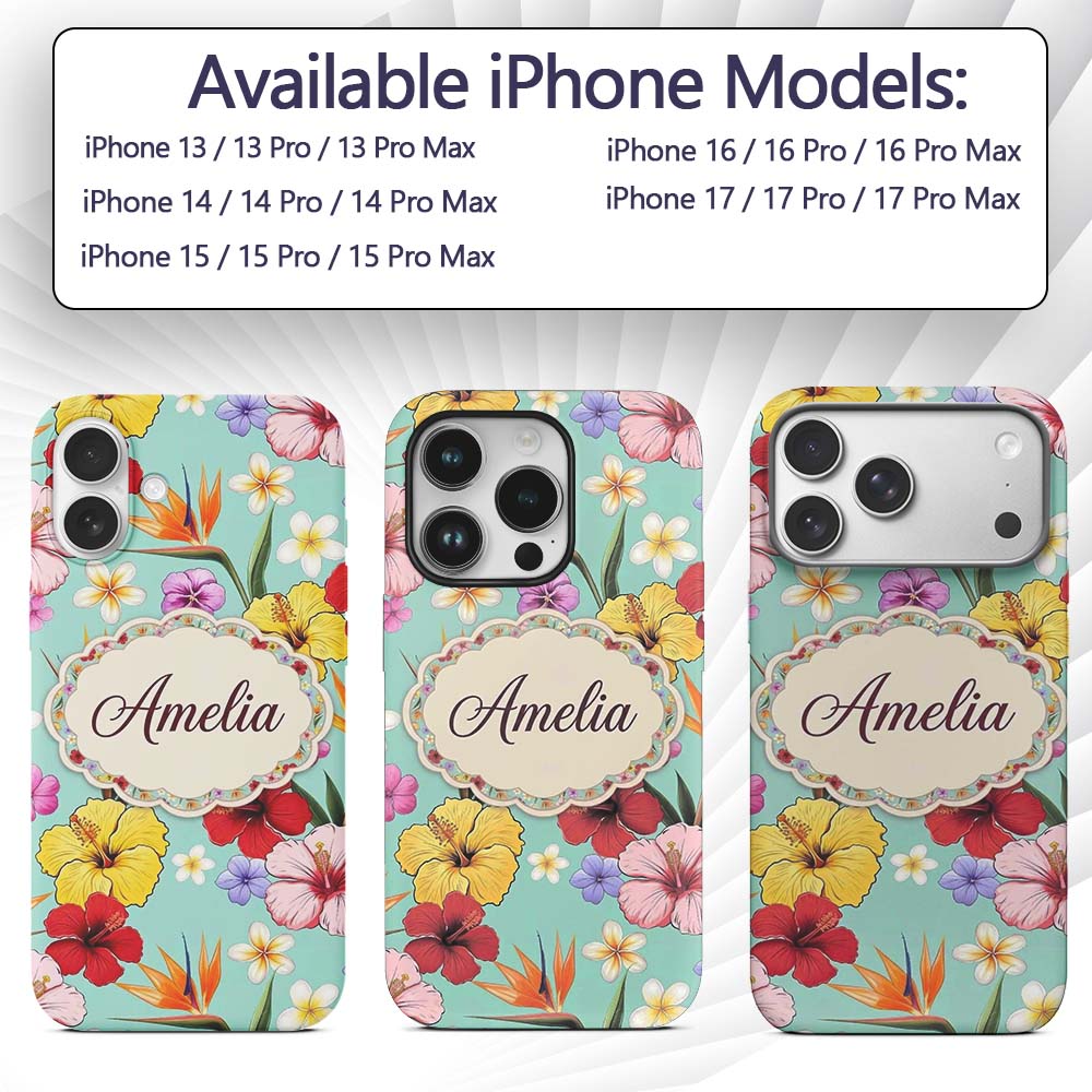 Tropical Hibiscus Bird of Paradise Printed Design Custom Name Protective Phone Case Mobile Cover Durable Everyday Smartphone Shock Resistant