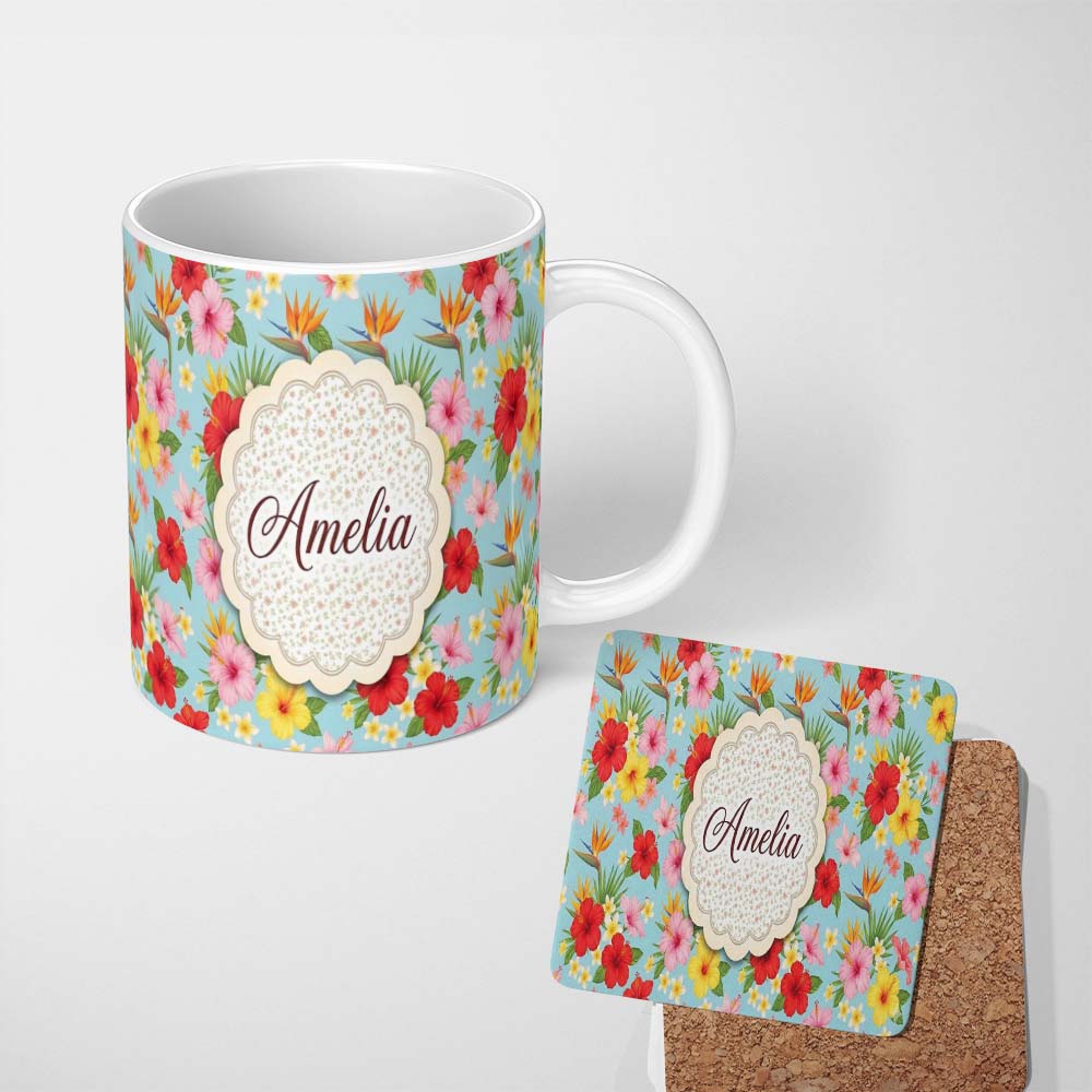 Personalized Custom Name Tropical Hibiscus Bird of Paradise Floral Seamless Pattern Soft 11oz Ceramic Coffee Tea Mug White Large Handle