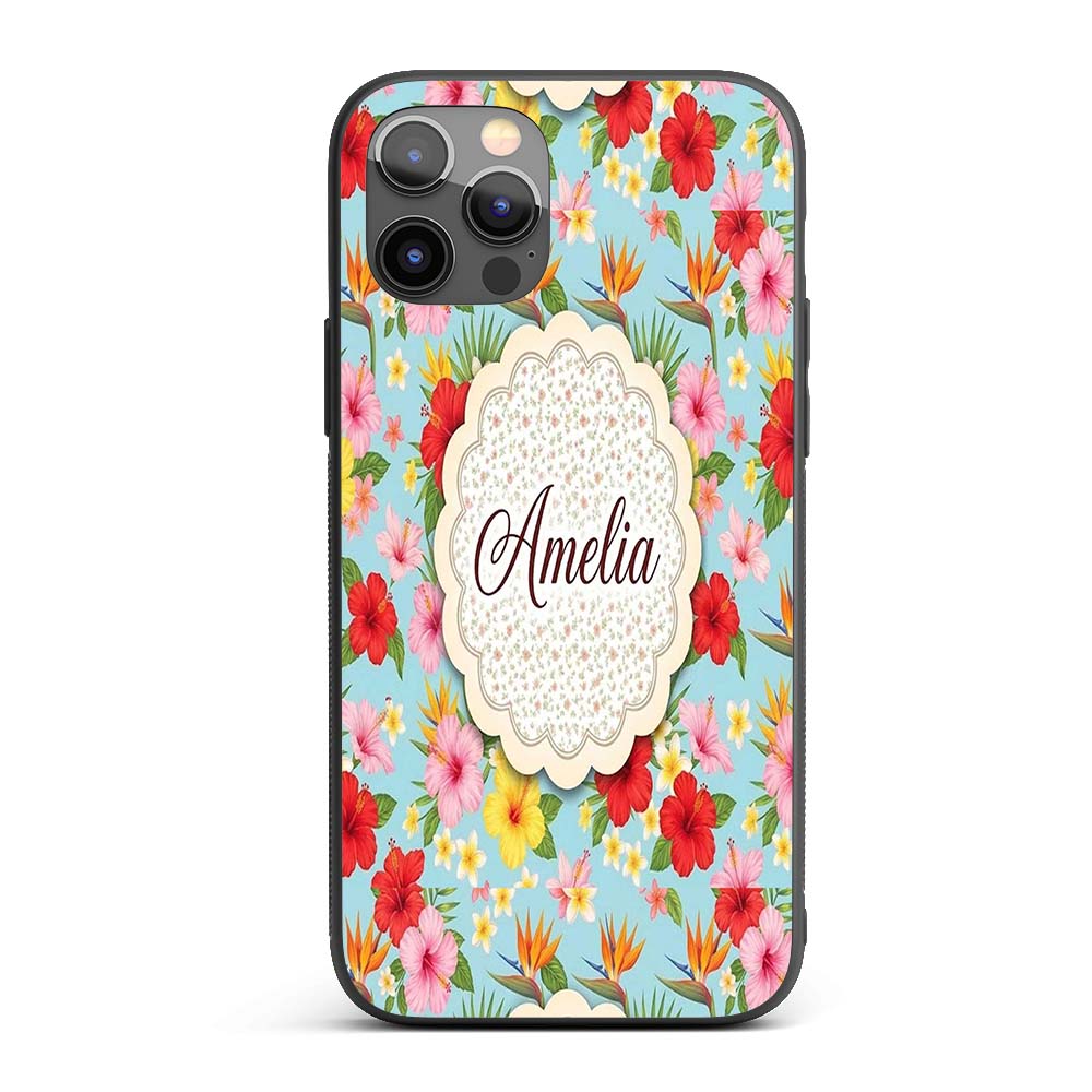 Tropical Hibiscus Bird of Paradise Printed Design Custom Name Protective Phone Case Mobile Cover Durable Everyday Smartphone Shock Resistant