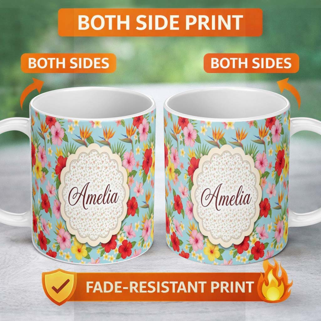 Personalized Custom Name Tropical Hibiscus Bird of Paradise Floral Seamless Pattern Soft 11oz Ceramic Coffee Tea Mug White Large Handle
