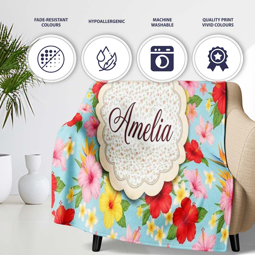 Tropical Hibiscus Bird of Paradise Floral Seamless Pattern Soft  Personalised Custom Name Super Soft Fleece Blanket Bed Sofa Throw