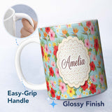 Personalized Custom Name Tropical Hibiscus Bird of Paradise Floral Seamless Pattern Soft 11oz Ceramic Coffee Tea Mug White Large Handle