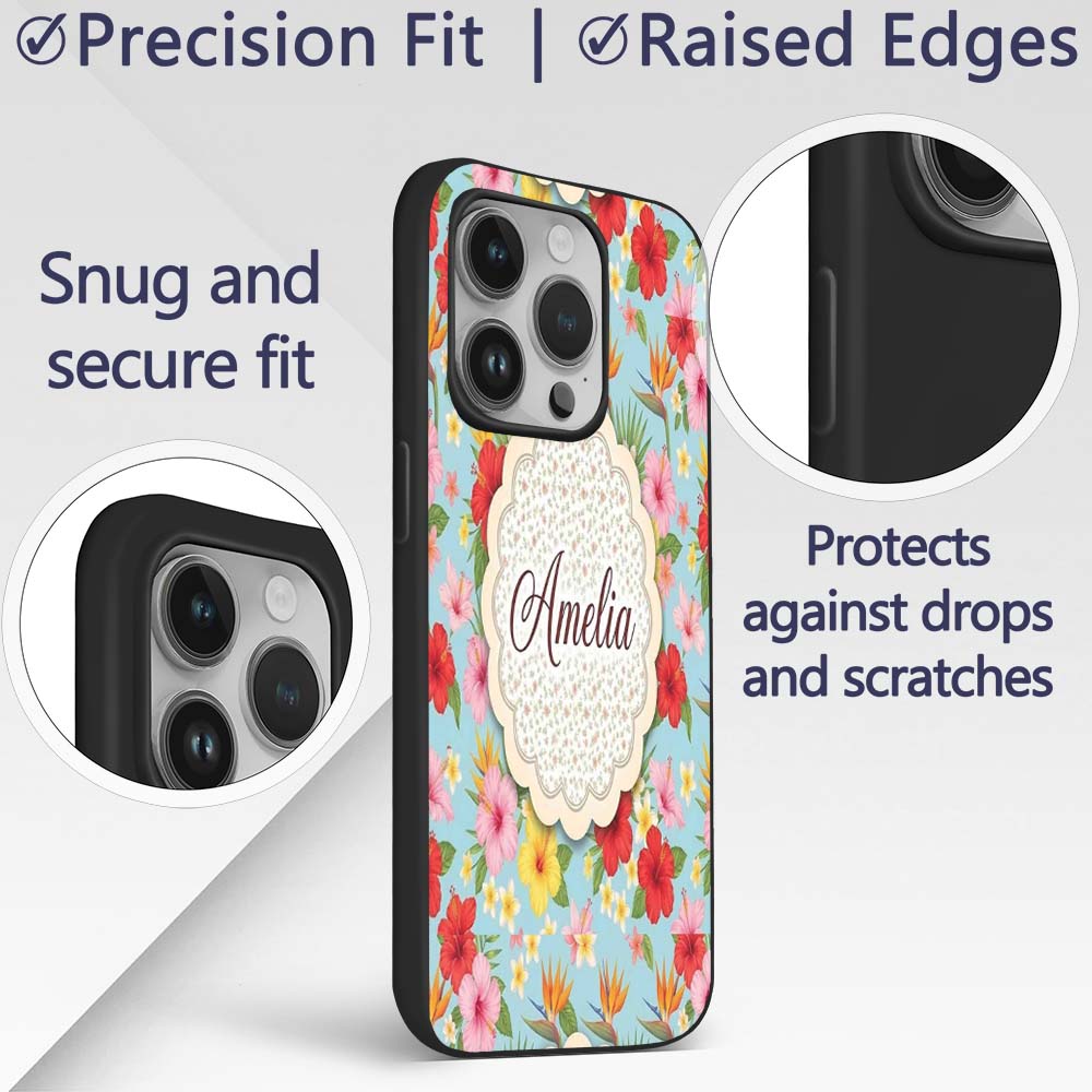 Tropical Hibiscus Bird of Paradise Printed Design Custom Name Protective Phone Case Mobile Cover Durable Everyday Smartphone Shock Resistant