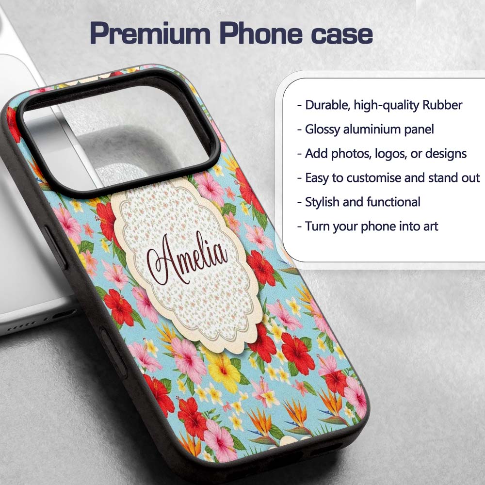 Tropical Hibiscus Bird of Paradise Printed Design Custom Name Protective Phone Case Mobile Cover Durable Everyday Smartphone Shock Resistant