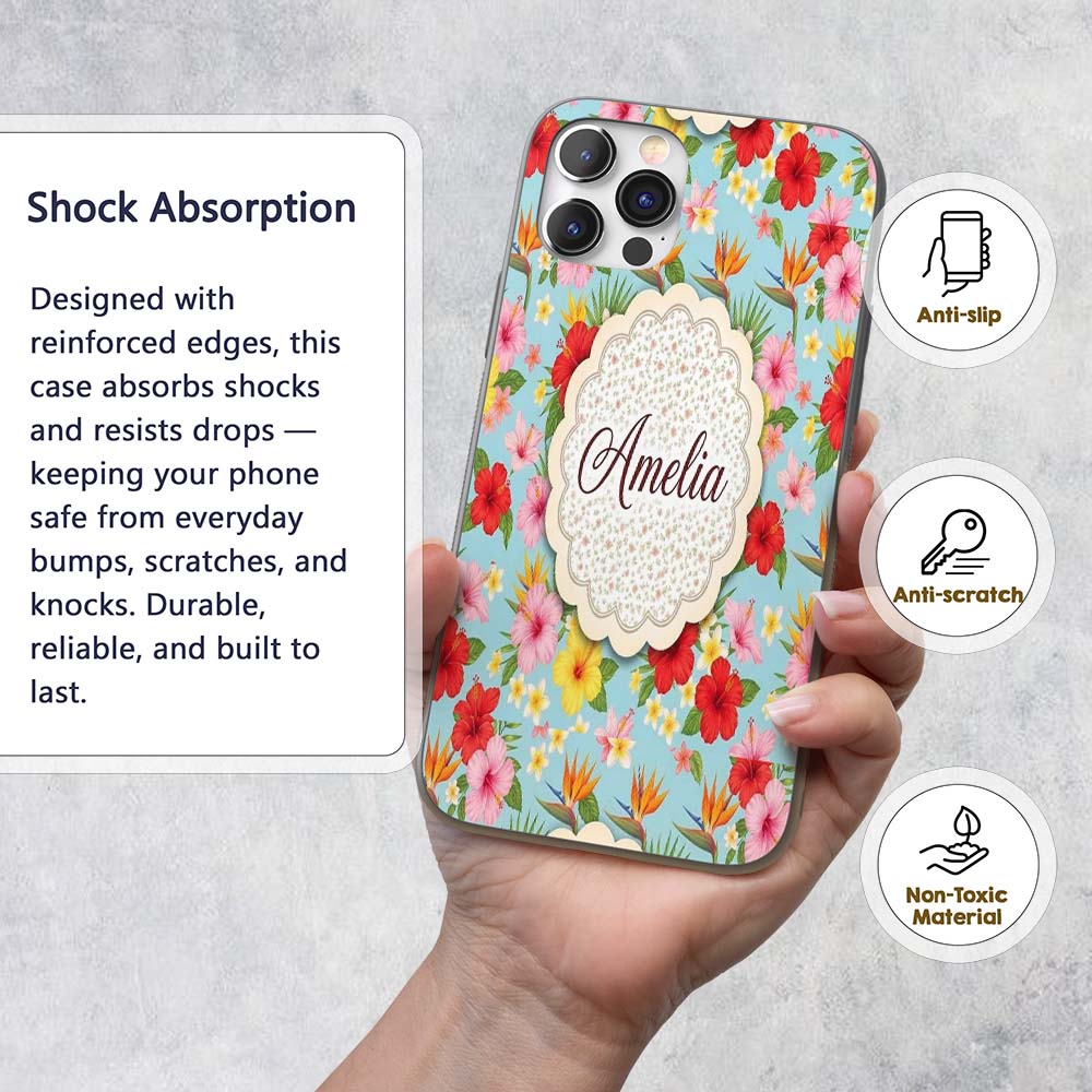 Tropical Hibiscus Bird of Paradise Printed Design Custom Name Protective Phone Case Mobile Cover Durable Everyday Smartphone Shock Resistant