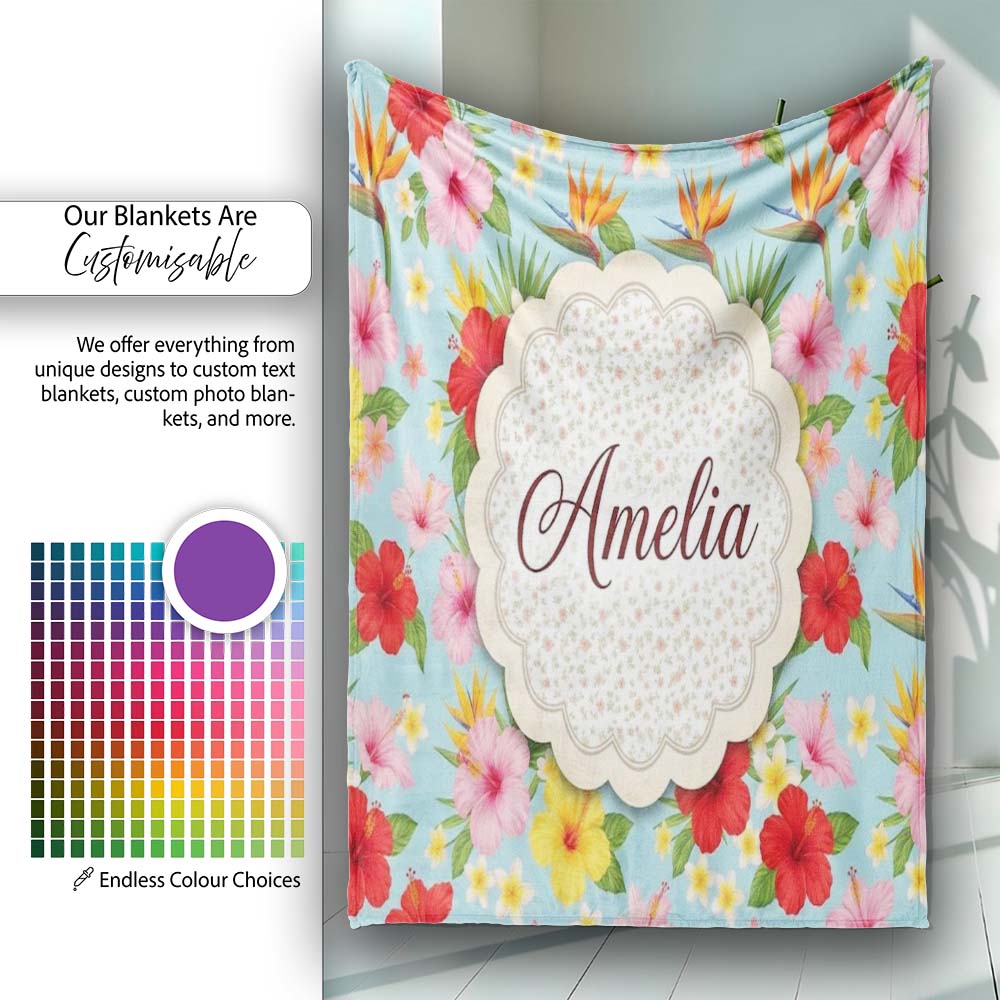 Tropical Hibiscus Bird of Paradise Floral Seamless Pattern Soft  Personalised Custom Name Super Soft Fleece Blanket Bed Sofa Throw