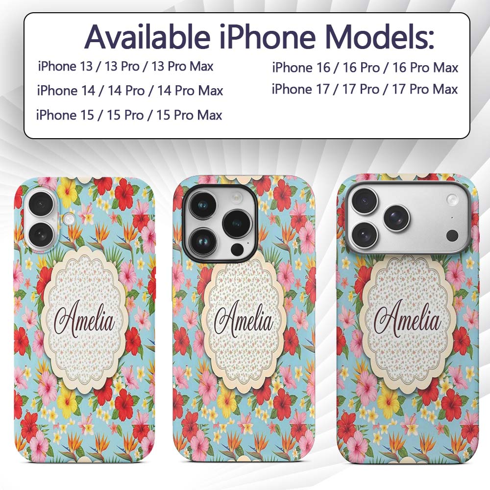 Tropical Hibiscus Bird of Paradise Printed Design Custom Name Protective Phone Case Mobile Cover Durable Everyday Smartphone Shock Resistant
