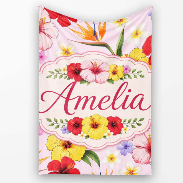 Tropical Hibiscus Bird of Paradise Floral Seamless Pattern Blush  Personalised Custom Name Super Soft Fleece Blanket Bed Sofa Throw
