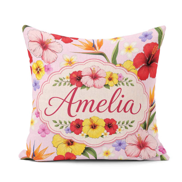 Custom Name Tropical Hibiscus Bird Paradise Floral Pattern Blush Square Filled Cushion Throw Pillow Sofa Bed Home Decor Zip Washable UK Made