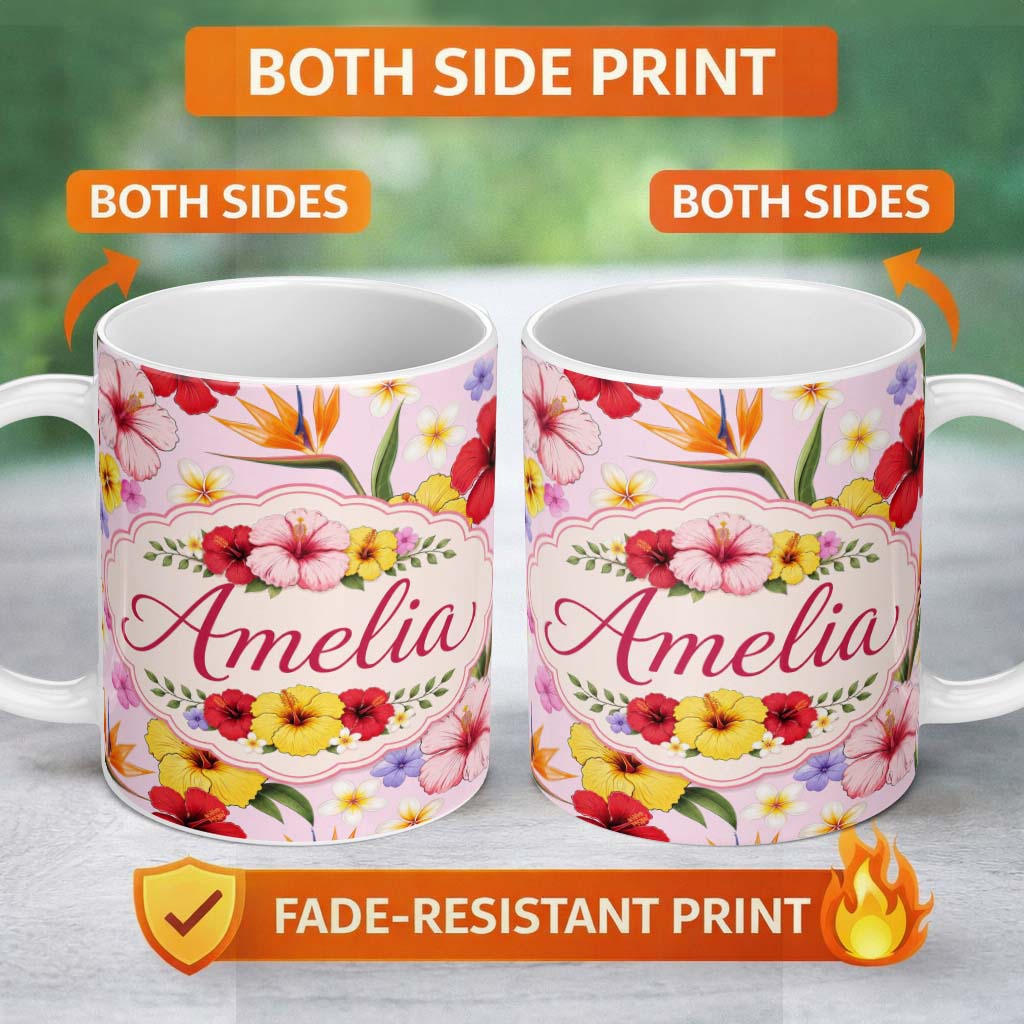 Personalized Custom Name Tropical Hibiscus Bird of Paradise Floral Seamless Pattern Blush 11oz Ceramic Coffee Tea Mug White Large Handle
