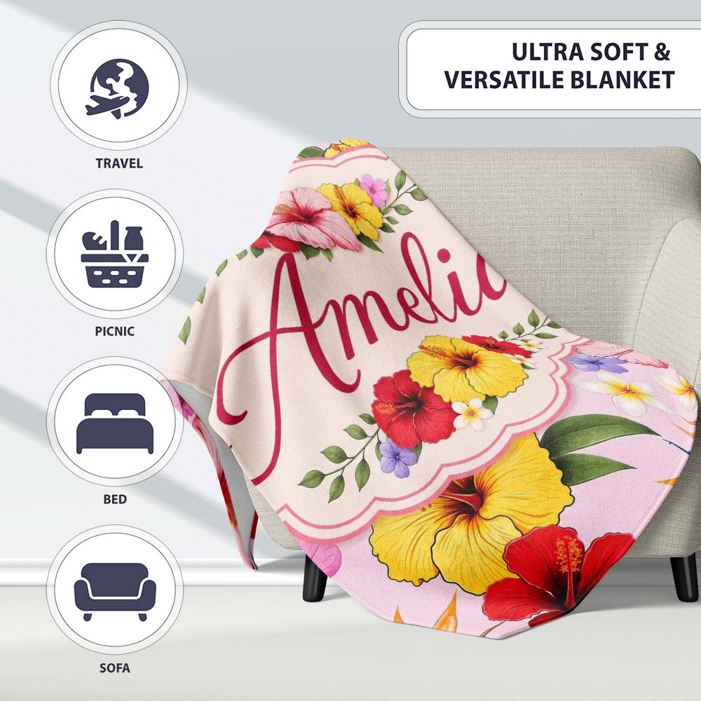 Tropical Hibiscus Bird of Paradise Floral Seamless Pattern Blush  Personalised Custom Name Super Soft Fleece Blanket Bed Sofa Throw