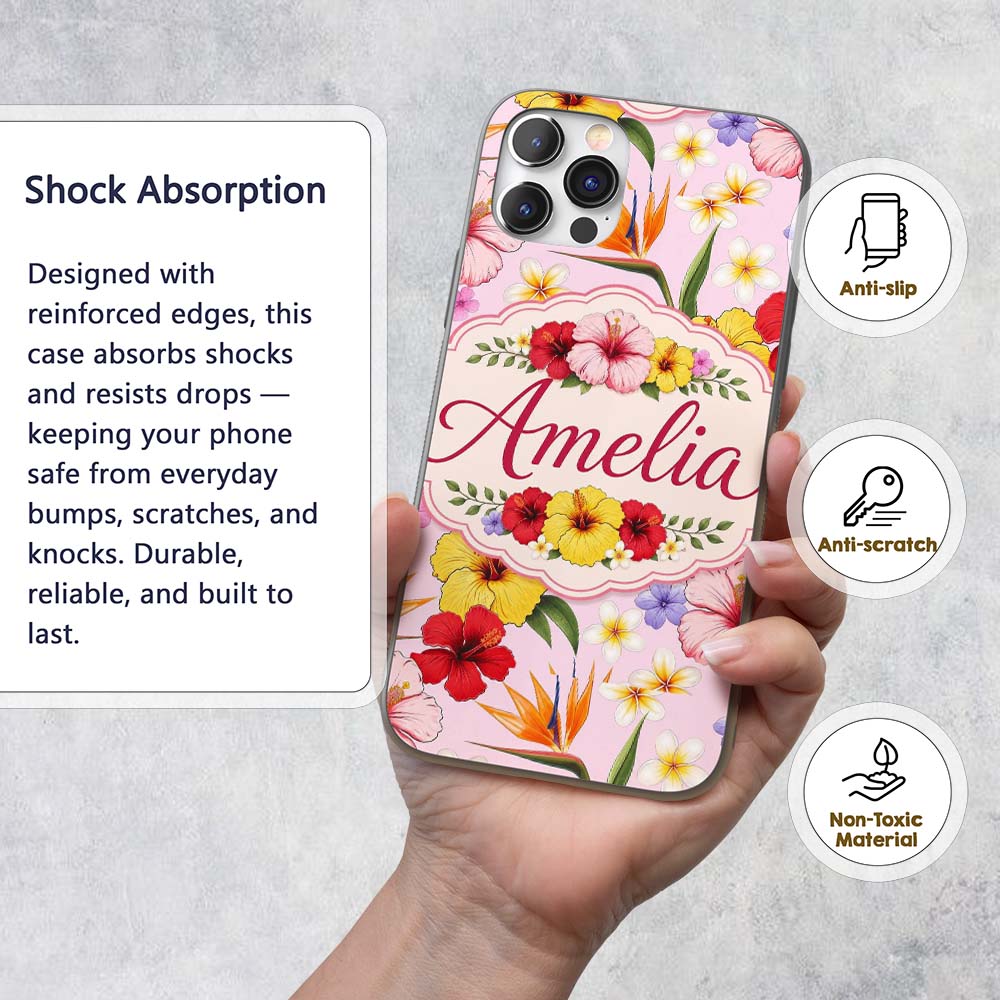 Tropical Hibiscus Bird of Paradise Printed Design Custom Name Protective Phone Case Mobile Cover Durable Everyday Smartphone Shock Resistant