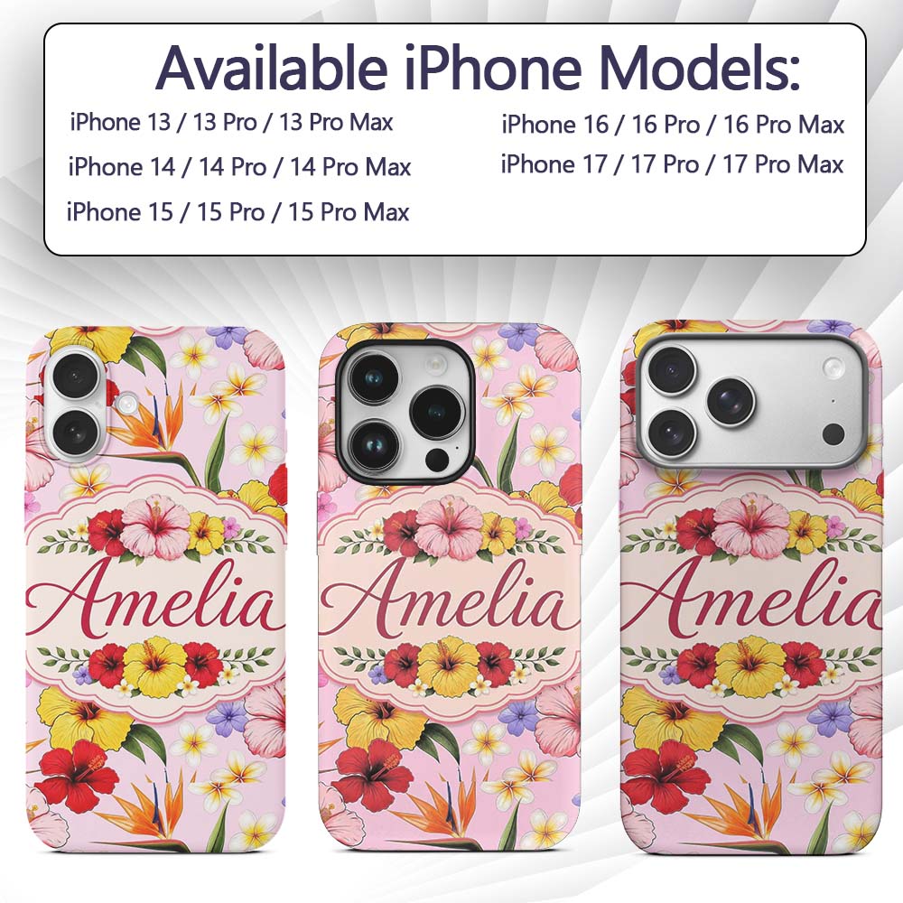 Tropical Hibiscus Bird of Paradise Printed Design Custom Name Protective Phone Case Mobile Cover Durable Everyday Smartphone Shock Resistant
