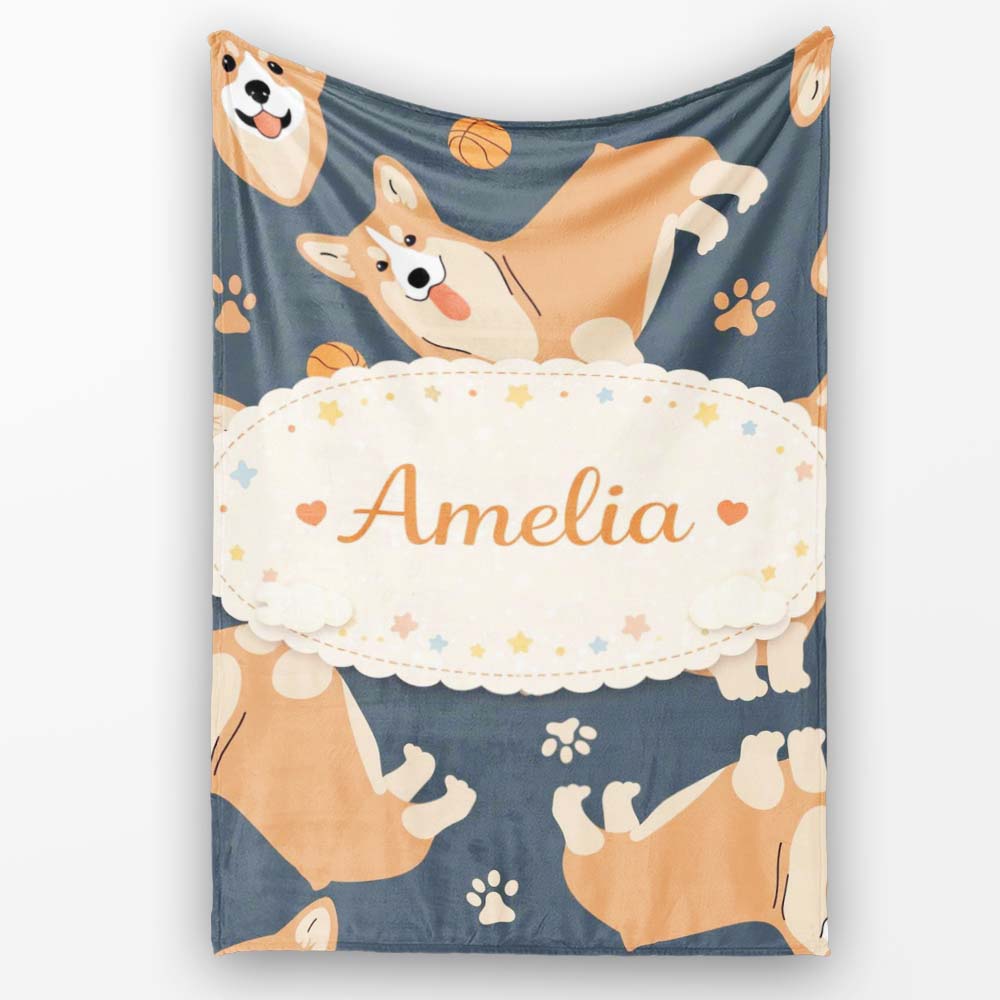Playful Corgi Dogs Basketball Seamless Pattern Stylish Everyday   Personalised Custom Name Super Soft Fleece Blanket Bed Sofa Throw