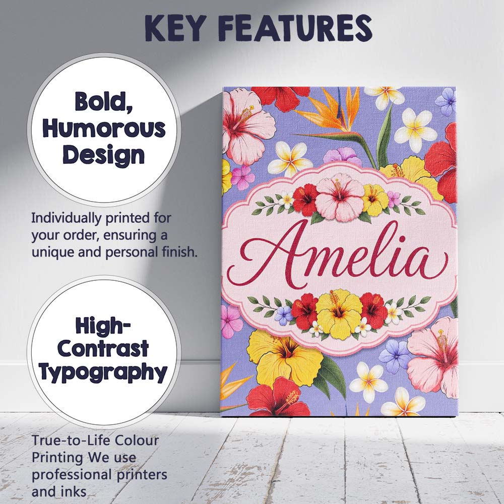 Personalised Name Tropical Hibiscus Bird of Custom  Bespoke Interior Contemporary Canvas Wall Art Print Decor Picture Ready to Hang