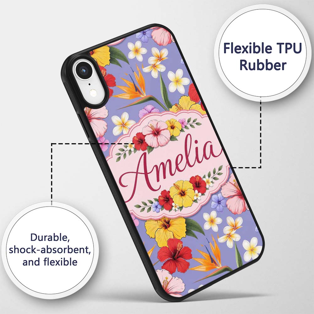 Tropical Hibiscus Bird of Paradise Printed Design Custom Name Protective Phone Case Mobile Cover Durable Everyday Smartphone Shock Resistant