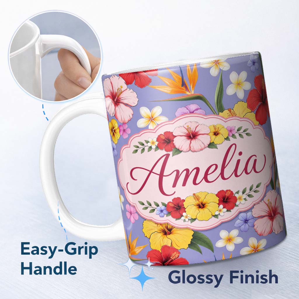 Personalized Custom Name Tropical Hibiscus Bird of Paradise Floral Seamless Pattern Lavender 11oz Ceramic Coffee Tea Mug White Large Handle