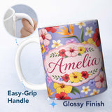 Personalized Custom Name Tropical Hibiscus Bird of Paradise Floral Seamless Pattern Lavender 11oz Ceramic Coffee Tea Mug White Large Handle