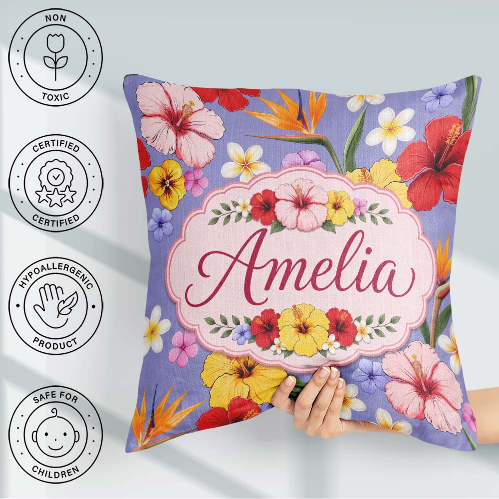 Custom Name Tropical Hibiscus Bird of Paradise Seamless Lavender Square Filled Cushion Throw Pillow Sofa Bed Home Decor Zip Washable UK Made