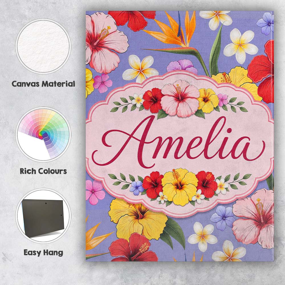 Personalised Name Tropical Hibiscus Bird of Custom  Bespoke Interior Contemporary Canvas Wall Art Print Decor Picture Ready to Hang