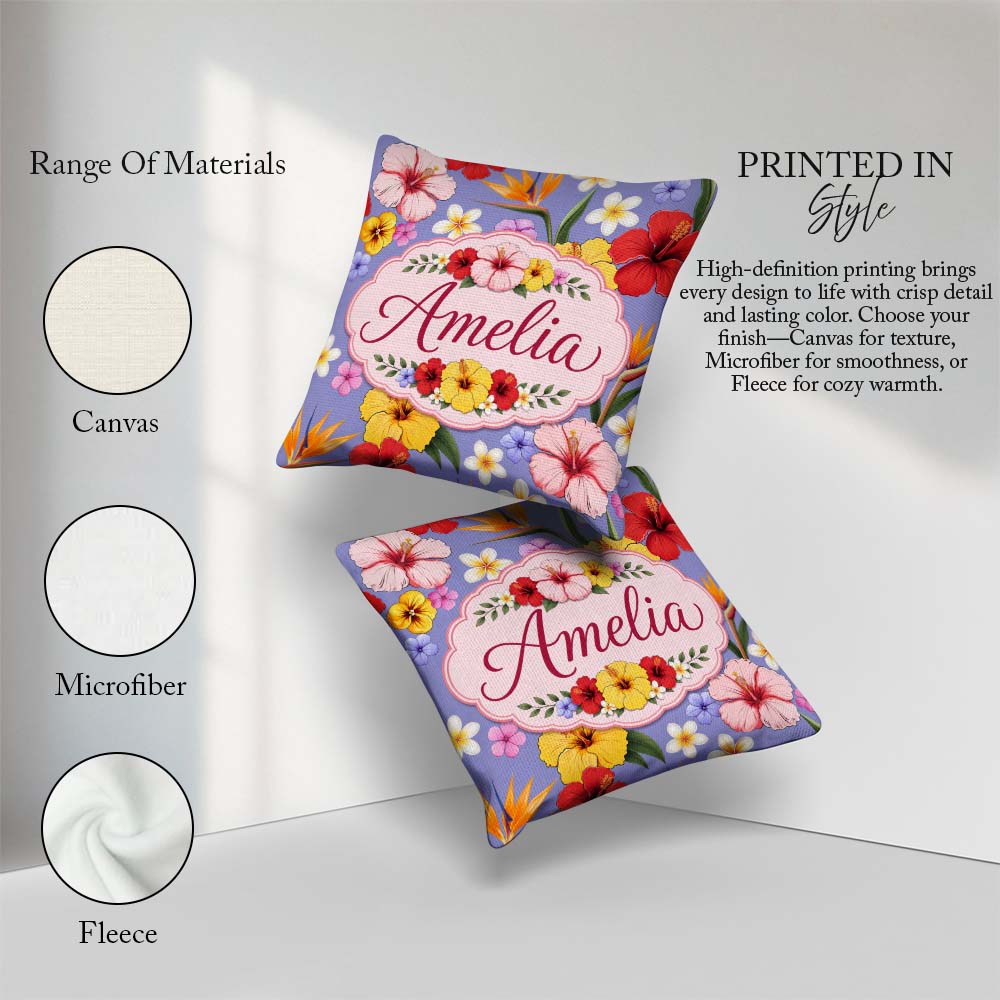 Custom Name Tropical Hibiscus Bird of Paradise Seamless Lavender Square Filled Cushion Throw Pillow Sofa Bed Home Decor Zip Washable UK Made
