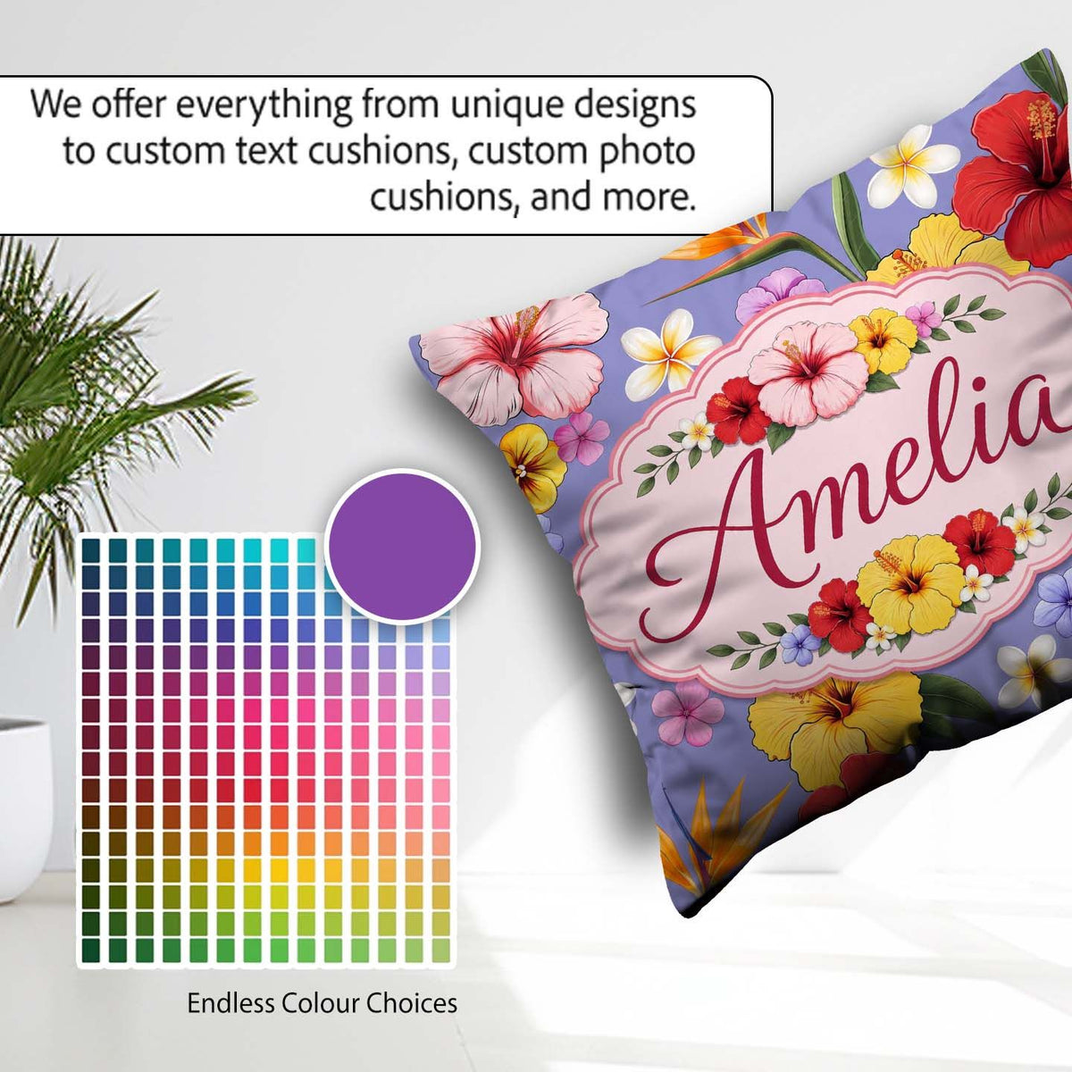 Custom Name Tropical Hibiscus Bird of Paradise Seamless Lavender Square Filled Cushion Throw Pillow Sofa Bed Home Decor Zip Washable UK Made