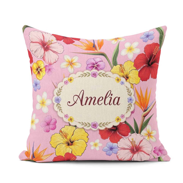 Custom Name Tropical Hibiscus Bird Paradise Floral Pattern Light Square Filled Cushion Throw Pillow Sofa Bed Home Decor Zip Washable UK Made