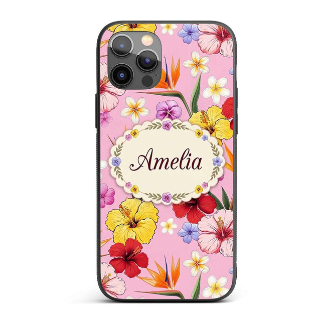 Tropical Hibiscus Bird of Paradise Printed Design Custom Name Protective Phone Case Mobile Cover Durable Everyday Smartphone Shock Resistant