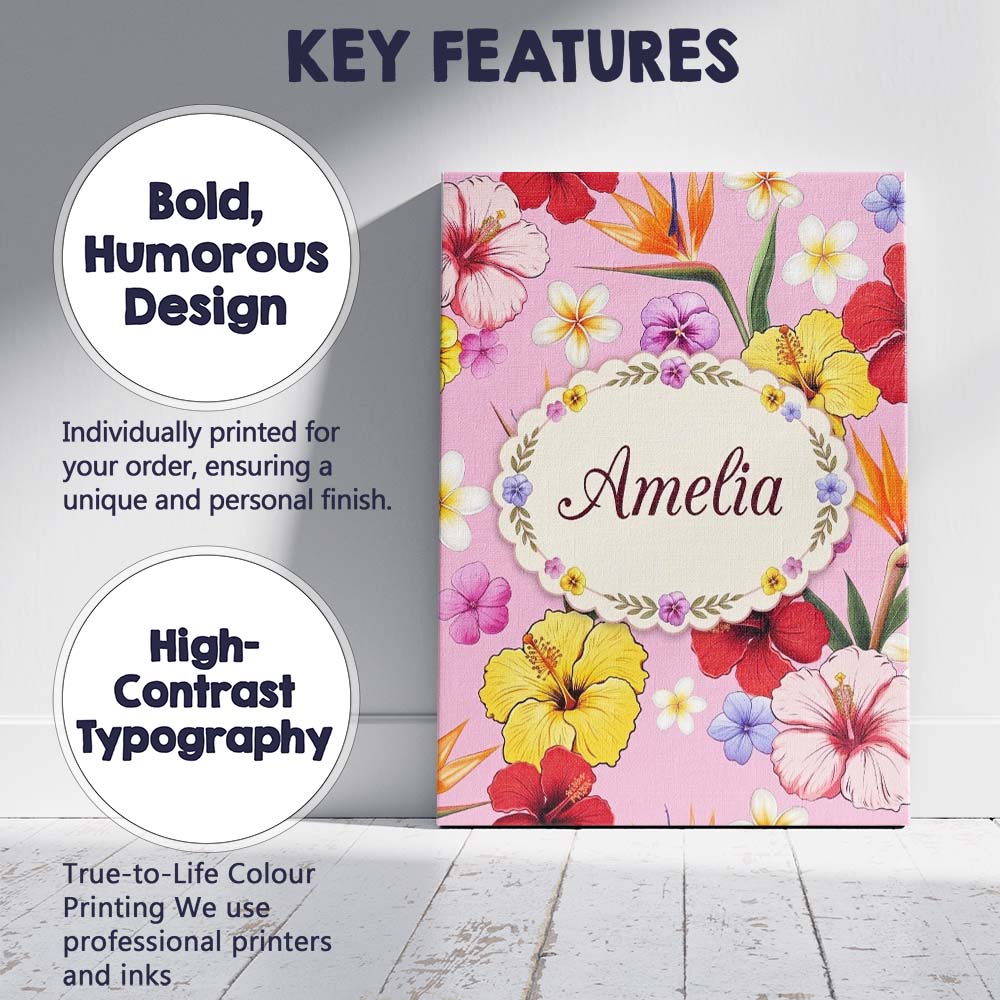 Personalised Name Tropical Hibiscus Bird of Custom  Bespoke Interior Contemporary Canvas Wall Art Print Decor Picture Ready to Hang