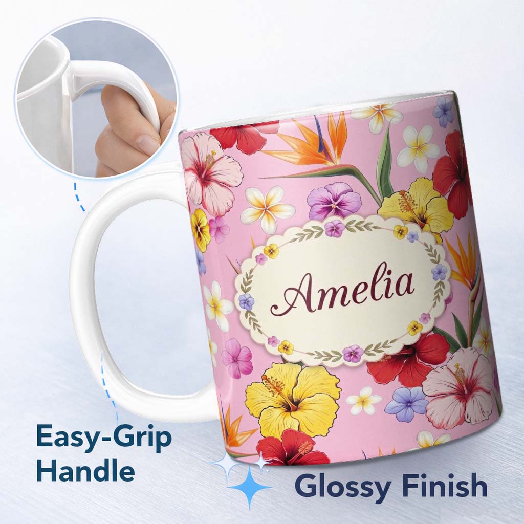 Personalized Custom Name Tropical Hibiscus Bird of Paradise Floral Seamless Pattern Light 11oz Ceramic Coffee Tea Mug White Large Handle