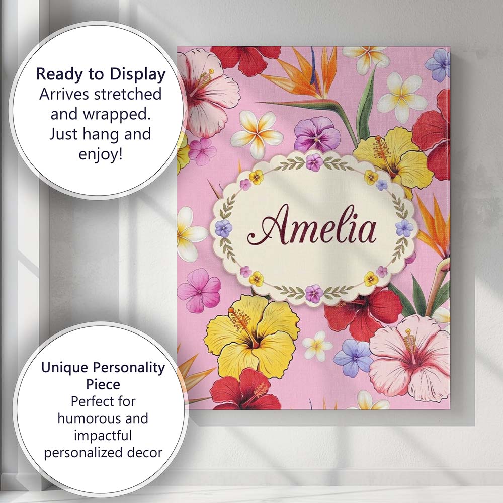 Personalised Name Tropical Hibiscus Bird of Custom  Bespoke Interior Contemporary Canvas Wall Art Print Decor Picture Ready to Hang