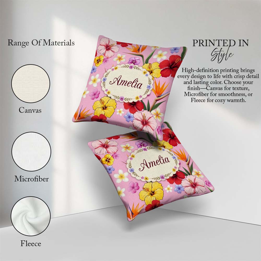 Custom Name Tropical Hibiscus Bird Paradise Floral Pattern Light Square Filled Cushion Throw Pillow Sofa Bed Home Decor Zip Washable UK Made