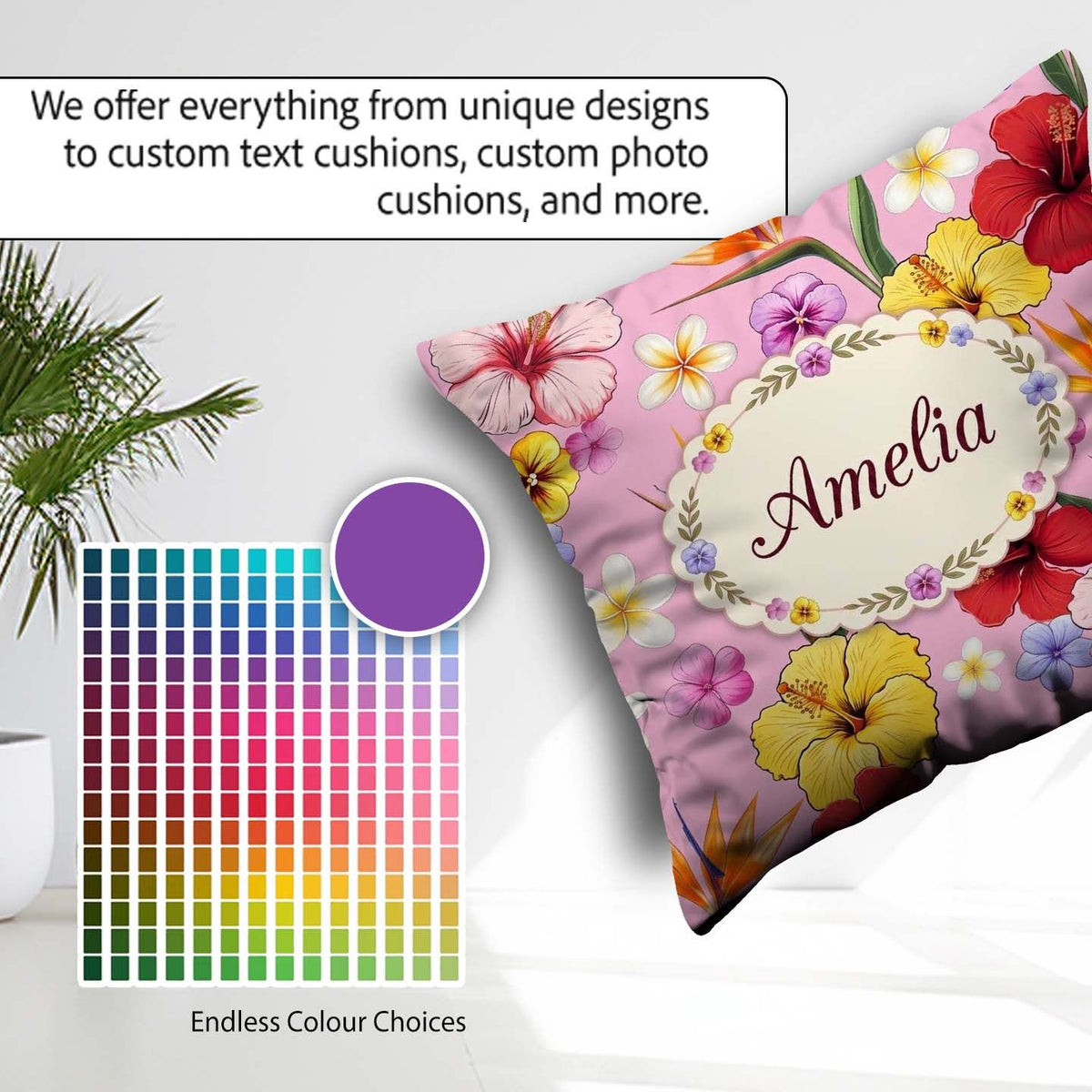 Custom Name Tropical Hibiscus Bird Paradise Floral Pattern Light Square Filled Cushion Throw Pillow Sofa Bed Home Decor Zip Washable UK Made