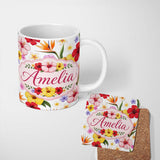 Personalized Custom Name Tropical Hibiscus Bird of Paradise Floral Seamless Pattern Clean 11oz Ceramic Coffee Tea Mug White Large Handle