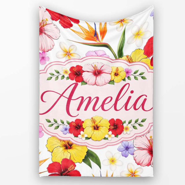 Tropical Hibiscus Bird of Paradise Floral Seamless Pattern Clean  Personalised Custom Name Super Soft Fleece Blanket Bed Sofa Throw