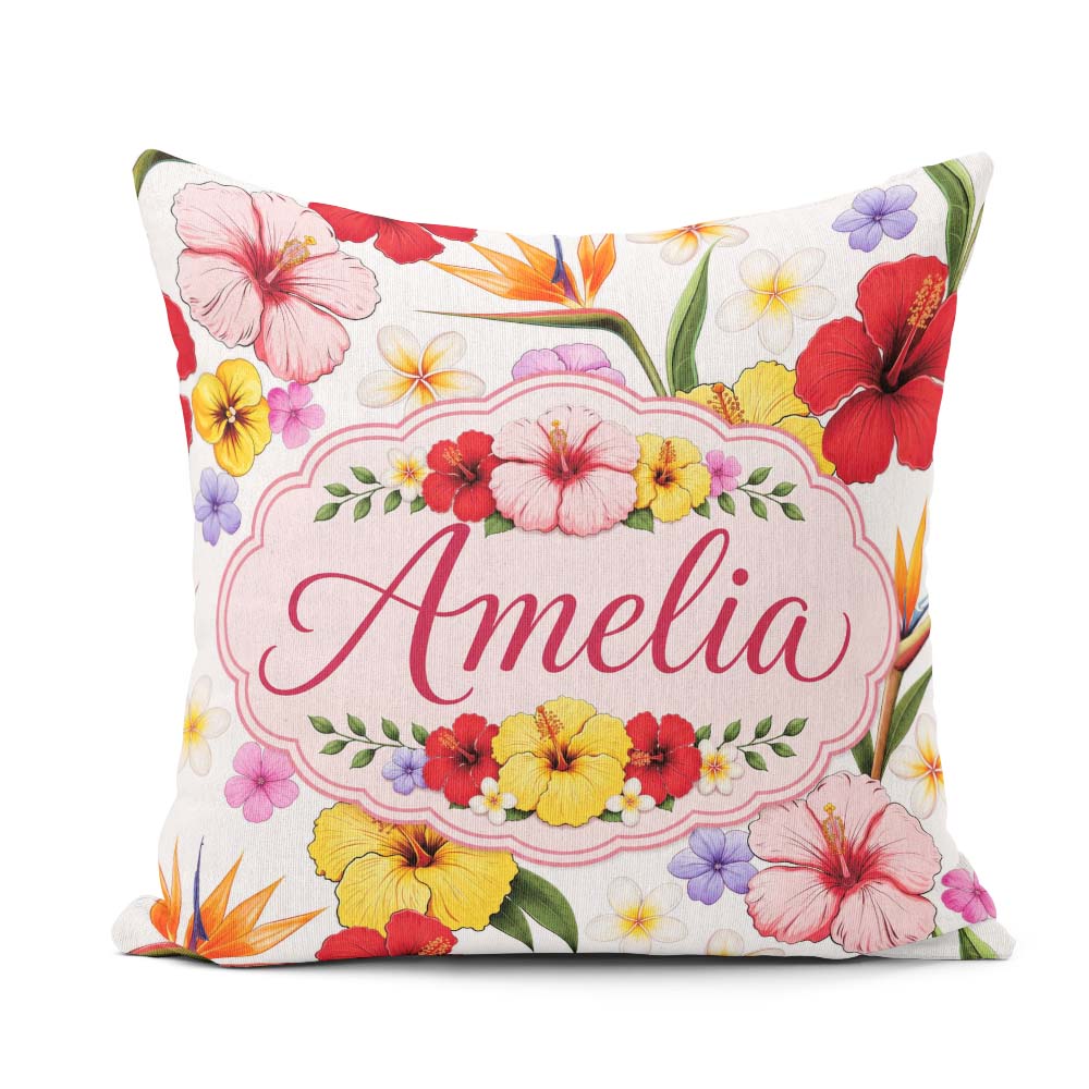 Custom Name Tropical Hibiscus Bird Paradise Floral Pattern Clean Square Filled Cushion Throw Pillow Sofa Bed Home Decor Zip Washable UK Made
