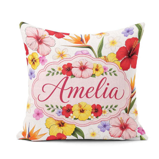 Custom Name Tropical Hibiscus Bird Paradise Floral Pattern Clean Square Filled Cushion Throw Pillow Sofa Bed Home Decor Zip Washable UK Made