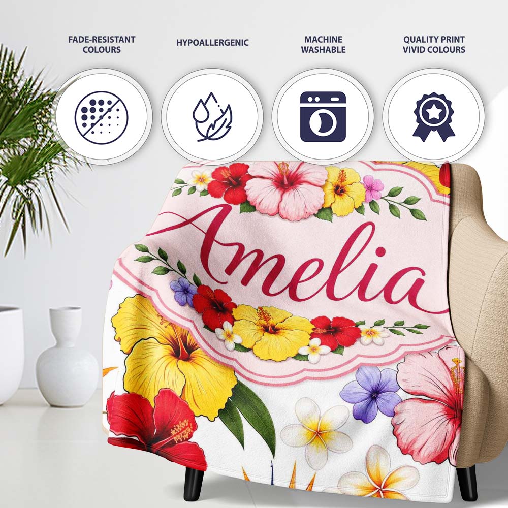 Tropical Hibiscus Bird of Paradise Floral Seamless Pattern Clean  Personalised Custom Name Super Soft Fleece Blanket Bed Sofa Throw
