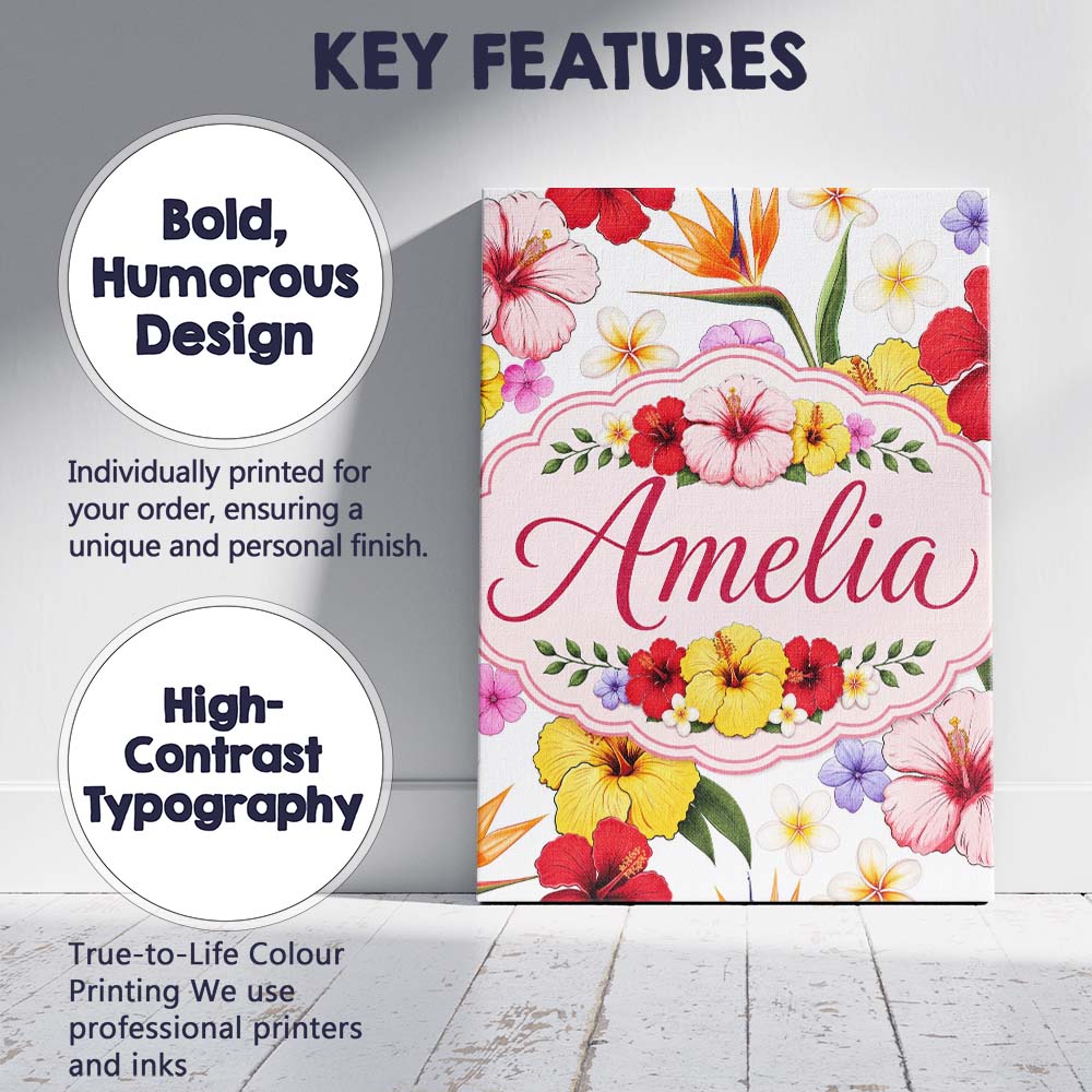 Personalised Name Tropical Hibiscus Bird of Custom  Bespoke Interior Contemporary Canvas Wall Art Print Decor Picture Ready to Hang